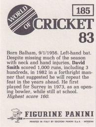 1983 Panini World Of Cricket Stickers #185 David Smith Back