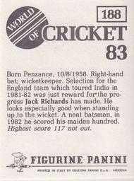 1983 Panini World Of Cricket Stickers #188 Jack Richards Back
