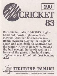 1983 Panini World Of Cricket Stickers #190 Robin Jackman Back