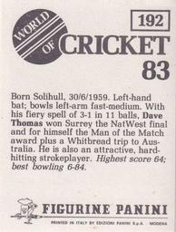 1983 Panini World Of Cricket Stickers #192 Dave Thomas Back