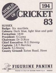 1983 Panini World Of Cricket Stickers #194 Sussex Back