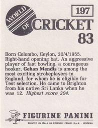 1983 Panini World Of Cricket Stickers #197 Gehan Mendis Back