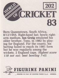 1983 Panini World Of Cricket Stickers #202 Ian Greig Back