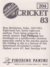 1983 Panini World Of Cricket Stickers #204 Paul Phillipson Back