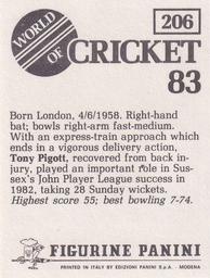 1983 Panini World Of Cricket Stickers #206 Tony Pigott Back