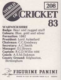 1983 Panini World Of Cricket Stickers #208 Warwickshire Back
