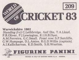 1983 Panini World Of Cricket Stickers #209 Warwickshire Back