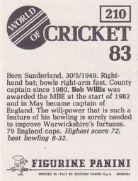 1983 Panini World Of Cricket Stickers #210 Bob Willis Back