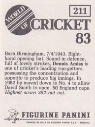 1983 Panini World Of Cricket Stickers #211 Dennis Amiss Back