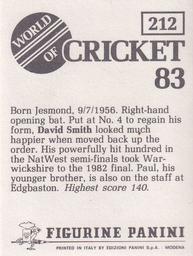1983 Panini World Of Cricket Stickers #212 David Smith Back