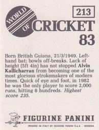 1983 Panini World Of Cricket Stickers #213 Alvin Kallicharran Back