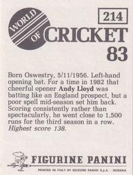 1983 Panini World Of Cricket Stickers #214 Andy Lloyd Back