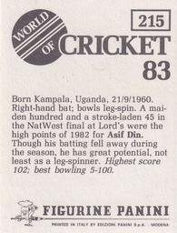 1983 Panini World Of Cricket Stickers #215 Asif Din Back