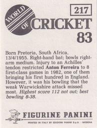 1983 Panini World Of Cricket Stickers #217 Anton Ferreira Back