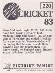1983 Panini World Of Cricket Stickers #220 Chris Old Back
