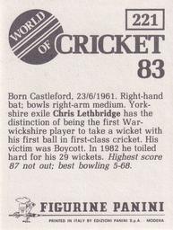 1983 Panini World Of Cricket Stickers #221 Chris Lethbridge Back
