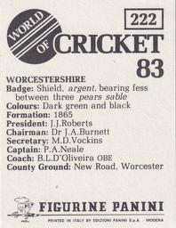1983 Panini World Of Cricket Stickers #222 Worcestershire Back