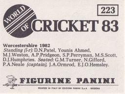 1983 Panini World Of Cricket Stickers #223 Worcestershire Back