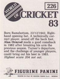 1983 Panini World Of Cricket Stickers #226 Alan Ormrod Back