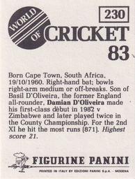 1983 Panini World Of Cricket Stickers #230 Damian D'Oliveira Back