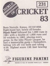 1983 Panini World Of Cricket Stickers #231 Dipak Patel Back