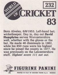 1983 Panini World Of Cricket Stickers #232 David Humphries Back
