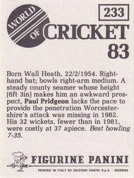 1983 Panini World Of Cricket Stickers #233 Paul Pridgeon Back