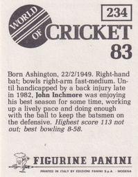 1983 Panini World Of Cricket Stickers #234 John Inchmore Back