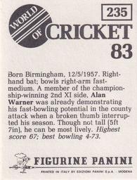 1983 Panini World Of Cricket Stickers #235 Alan Warner Back