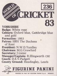 1983 Panini World Of Cricket Stickers #236 Yorkshire Back