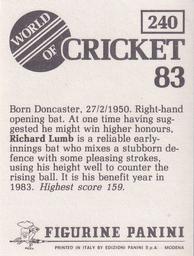 1983 Panini World Of Cricket Stickers #240 Richard Lumb Back
