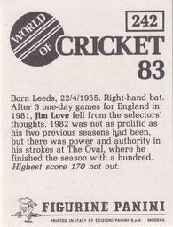 1983 Panini World Of Cricket Stickers #242 Jim Love Back