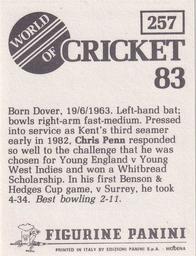 1983 Panini World Of Cricket Stickers #257 Chris Penn Back