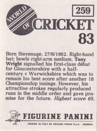 1983 Panini World Of Cricket Stickers #259 Tony Wright Back
