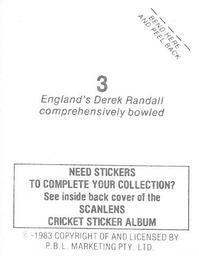 1983 Scanlens Cricket Stickers #3 Derek Randall Back