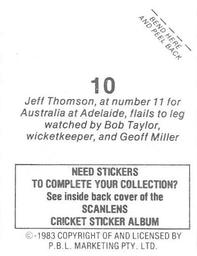 1983 Scanlens Cricket Stickers #10 Jeff Thomson / Bob Taylor / Geoff Miller Back