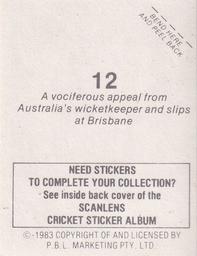 1983 Scanlens Cricket Stickers #12 Rod Marsh Back