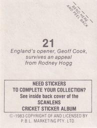 1983 Scanlens Cricket Stickers #21 Geoff Cook / Rodney Hogg Back