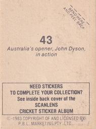 1983 Scanlens Cricket Stickers #43 John Dyson Back