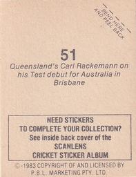 1983 Scanlens Cricket Stickers #51 Carl Rackemann Back