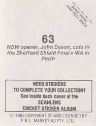 1983 Scanlens Cricket Stickers #63 John Dyson Back