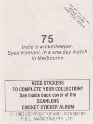 1983 Scanlens Cricket Stickers #75 Syed Kirmani Back