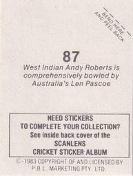 1983 Scanlens Cricket Stickers #87 Andy Roberts / Len Pascoe Back