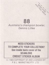 1983 Scanlens Cricket Stickers #88 Dennis Lillee Back