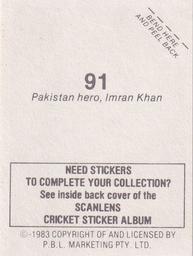 1983 Scanlens Cricket Stickers #91 Imran Khan Back