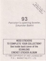 1983 Scanlens Cricket Stickers #93 Sikander Bakht Back
