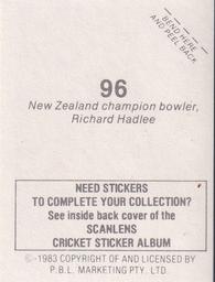 1983 Scanlens Cricket Stickers #96 Richard Hadlee Back
