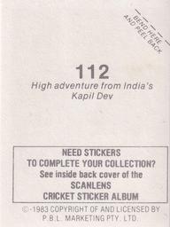 1983 Scanlens Cricket Stickers #112 Kapil Dev Back