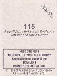 1983 Scanlens Cricket Stickers #115 David Gower Back