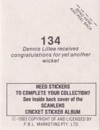 1983 Scanlens Cricket Stickers #134 Dennis Lillee Back
